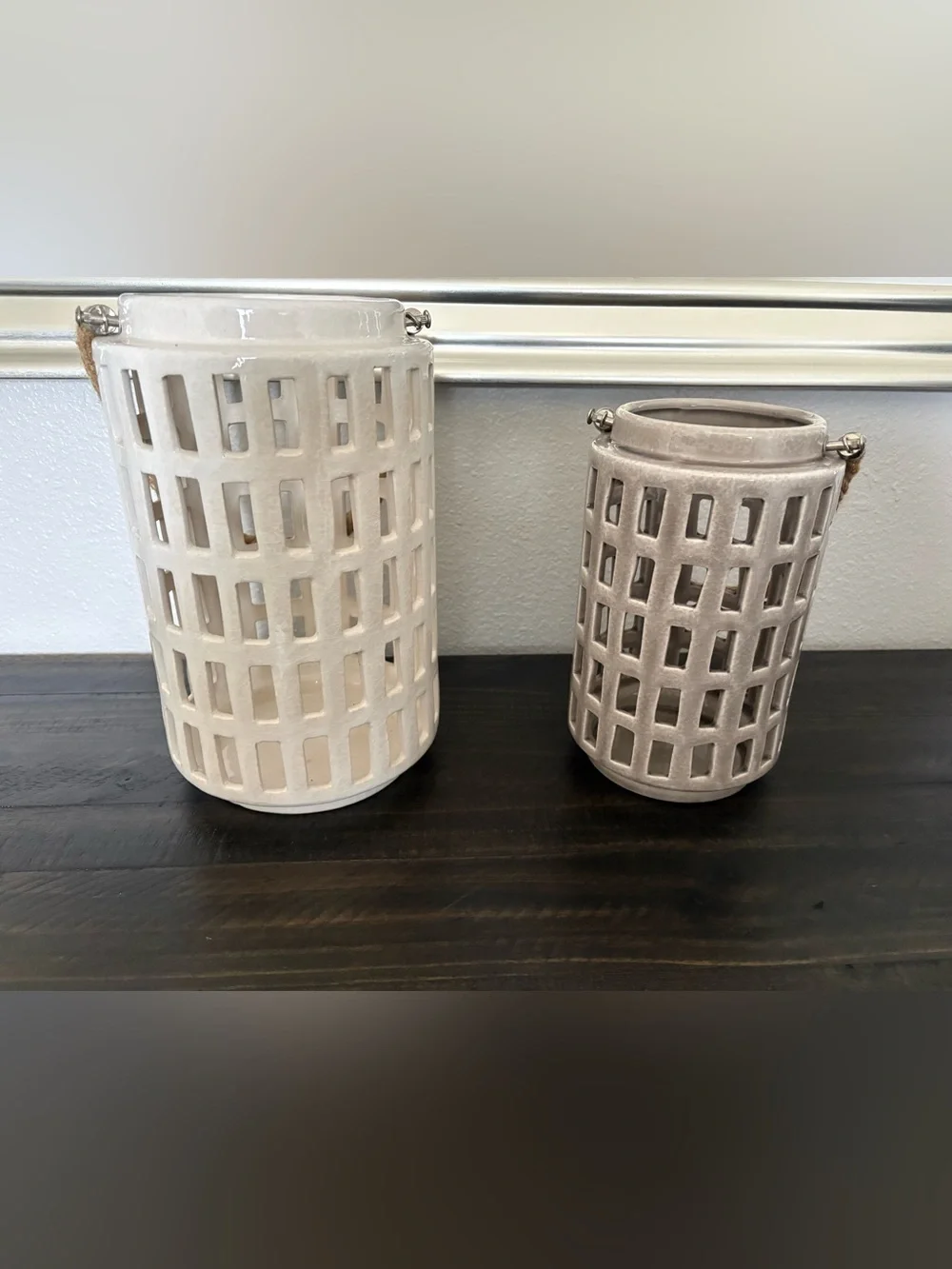 Crate & Barrel Calas Ceramic Lattice Lanterns with Rope Handles - Set of 2